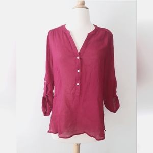Tommy Bahama Coral Red Roll Tab Sleeve  100% Cotton Top V-neck Ladies Small